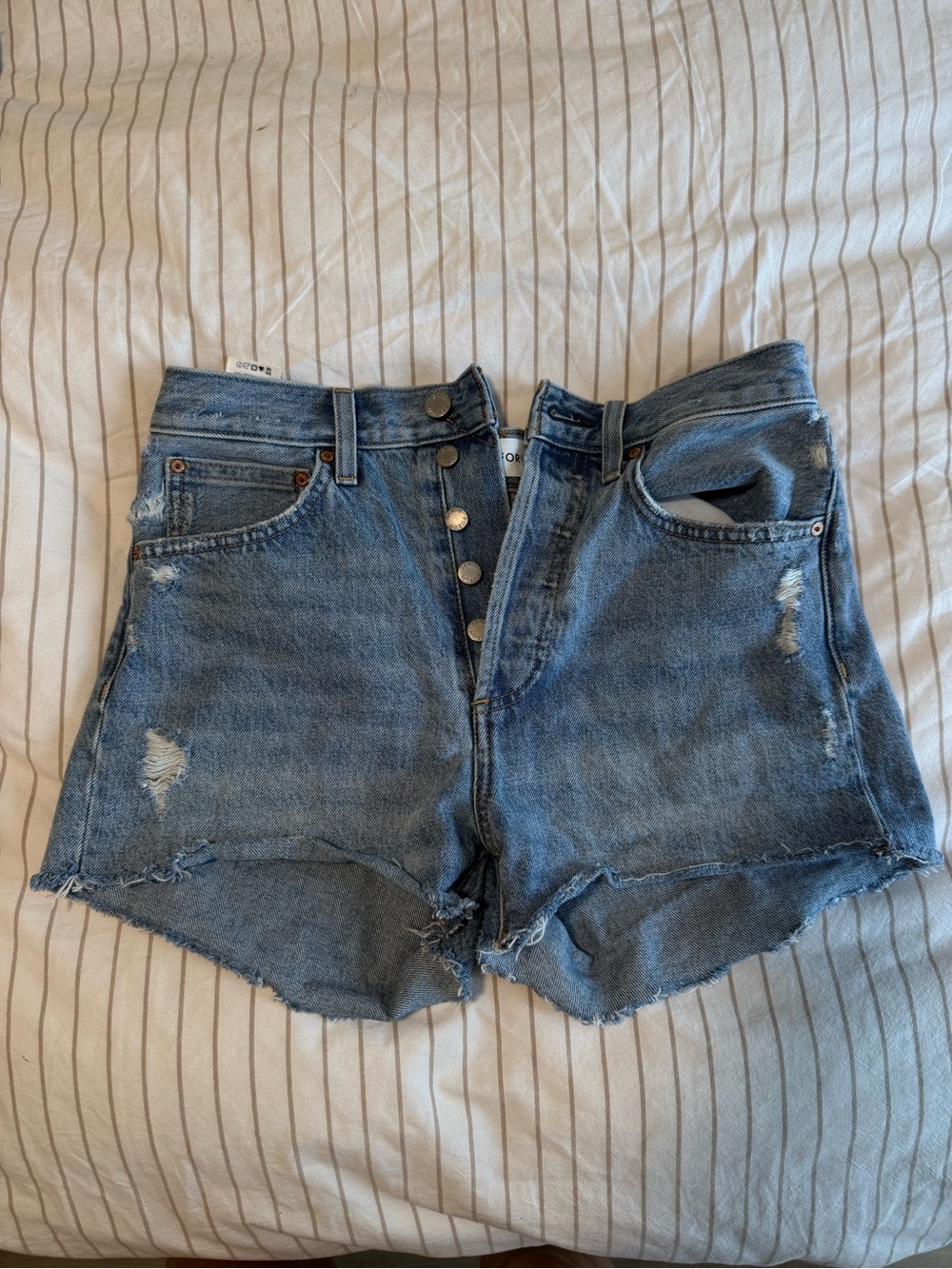 Denim Forum Button-Front Distressed Jean Shorts - Light Blue